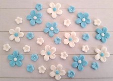 (10) 30 x Blue, White Edible Fondant Sugar Flowers Cake Decoration