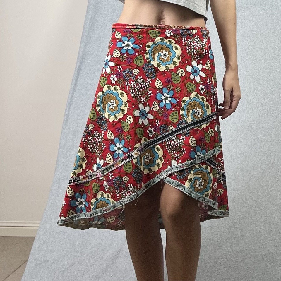Handmade Wrap Skirt Womens S Red Floral Adjustable Boho Hippie Retro Festival