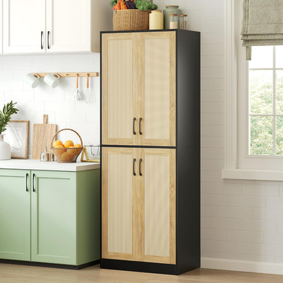 67'' Tall Rattan Pantry Cabinet with Doors, Adjustable Shelves, Black Storage