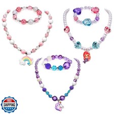 G.C 3 Sets Girl Princess Necklace Bracelet with Colorful Unicorn Mermaid Rain