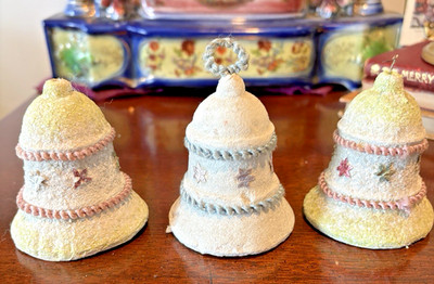 VTG 1940S PRESSED COTTON BELLS FRON CZECHOSLAVAKIA - 3 APPROX 3'' W/TRIM ORIGINAL