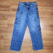 American Eagle Super High Rise Baggy Straight Cargo Jeans Medium Wash Women 8