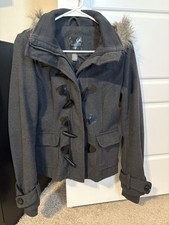 Grey Jacket/coat With Full Zipper And Buttons Women s Size Small Furry Hood