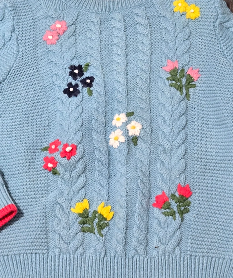 Boden Embroidered Sweater Girls 6-7Y Floral Cable Knit Crew Neck Wool Blend - Image 4 of 4