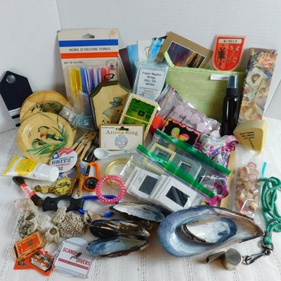 Junk Drawer Collectibles Vintage Trinkets 60+ Items Lot Shells Pins Bingo Clips!