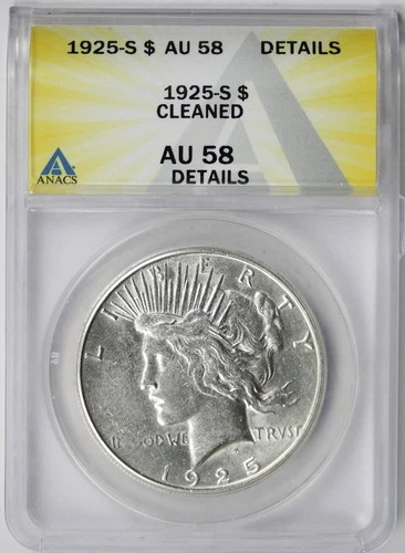 1925-S Peace Dollar $1 AU 58 Details Cleaned ANACS