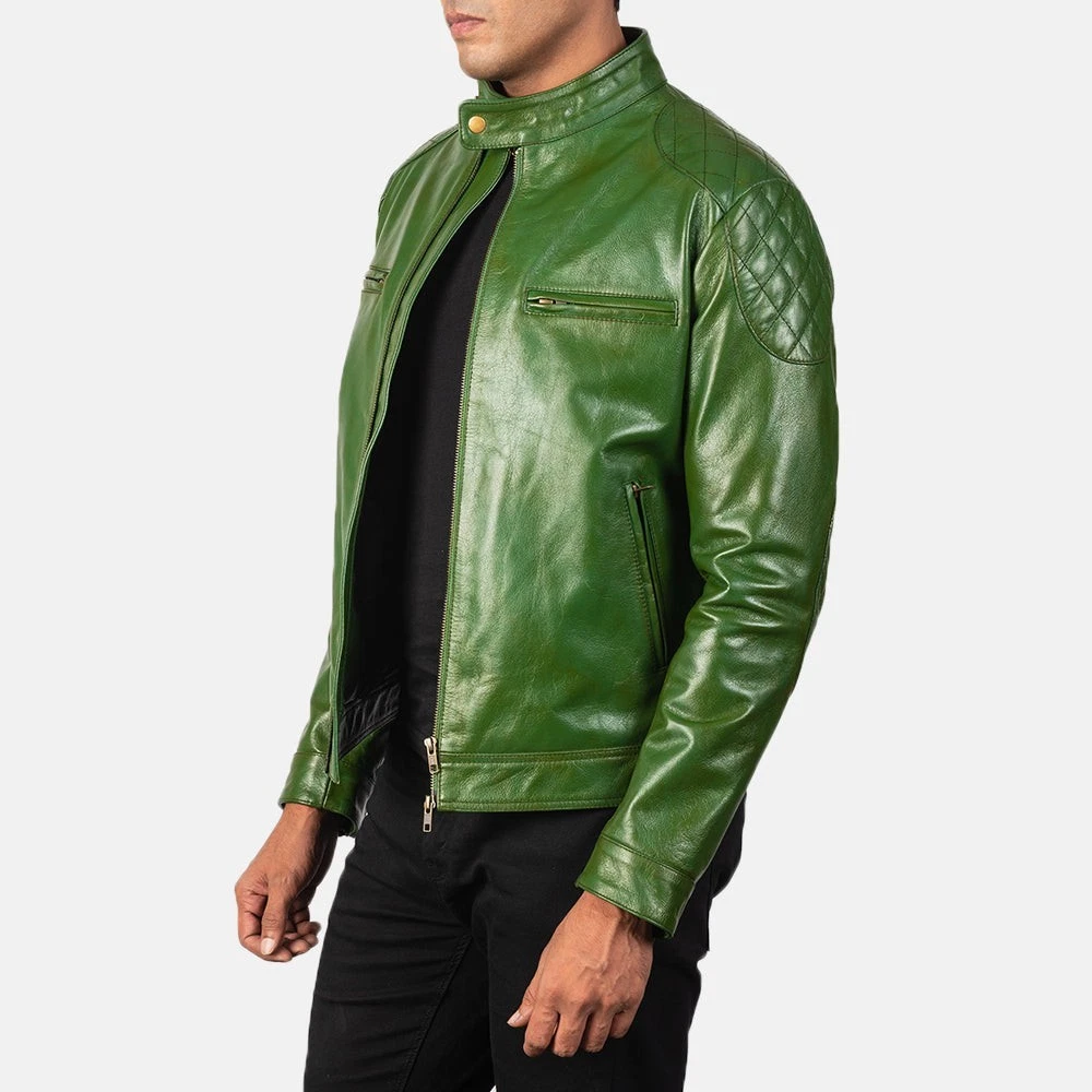 Men’s Green Genuine Leather Jacket  Classic Cafe Racer Motorcycle Biker Coat image 6