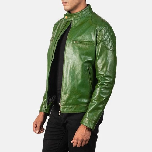 Men’s Green Genuine Leather Jacket  Classic Cafe Racer Motorcycle Biker Coat image 6