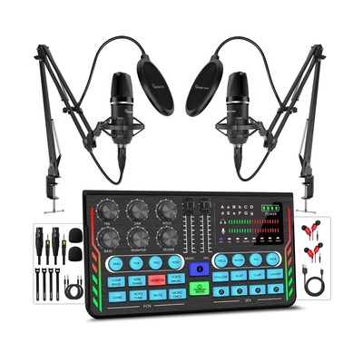 Podcast Equipment Bundle for 2, DJ Mixer with 3.5mm Diaphragm Condenser Micro...