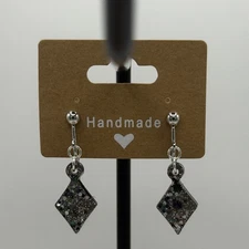HANDMADE DIAMOND RESIN DANGLE EARRINGS BLACK SILVER GLITTER CLIP ON