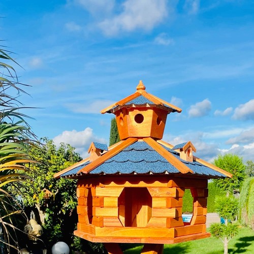 DARLUX Vogel Futter Haus XXL Futterstelle Sechseck Holz Vogelhaus Braun/ Blau - Bild 3 von 6