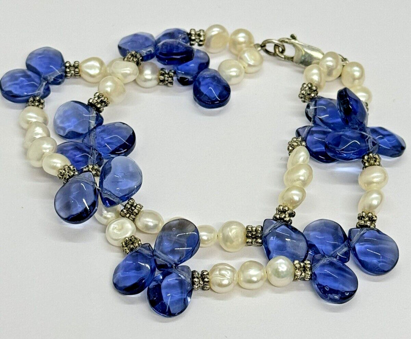 Sterling Silver Blue Teardrop & Pearl Bracelet 8" Double Strand