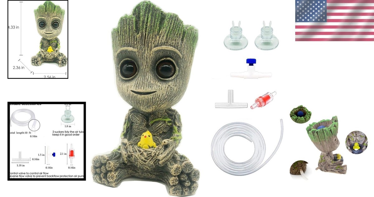 Realistic Groot Aquarium Decoration with Bubble Generator Fish