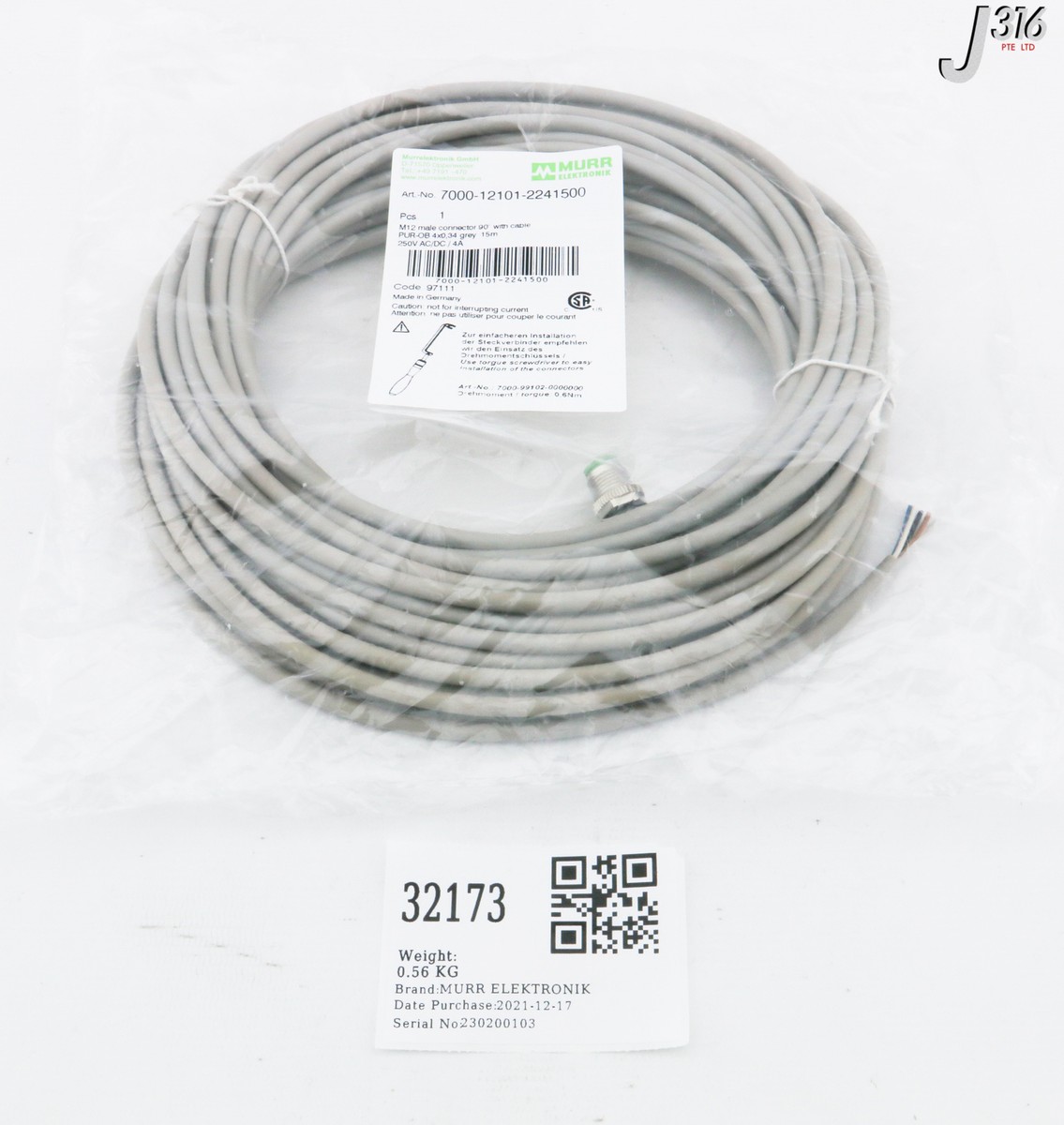 32173 MURR ELEKTRONIK M12 MALE CONNECTOR 90  WITH CABLE (NEW) 7000