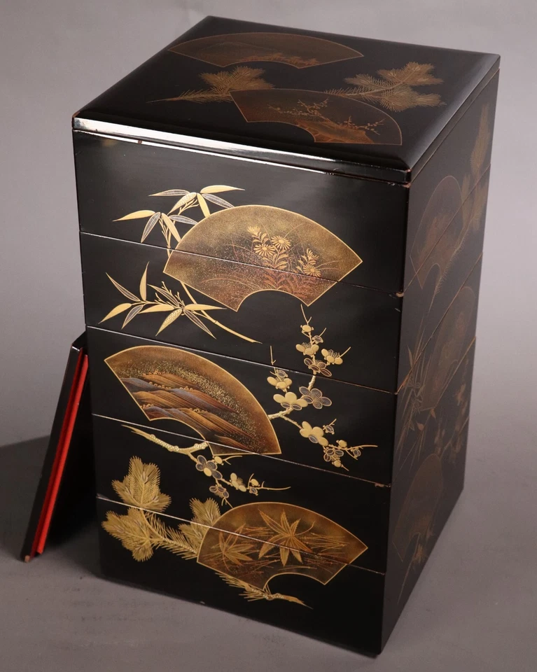 Fiambreras japonesas de cinco niveles de laca 13,19 pulgadas Jubako grúas y ventiladores Fuji Foto 2 de 4