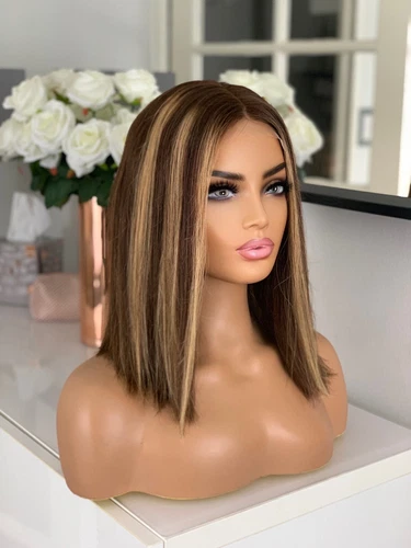 Highlights Perücke blond braun 13x4 Lace 100% Echthaar glatt - Bild 3 von 8