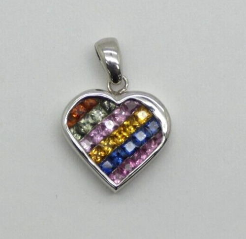 Sweet Platinum Heart with Rainbow of Square Cut S… - image 1
