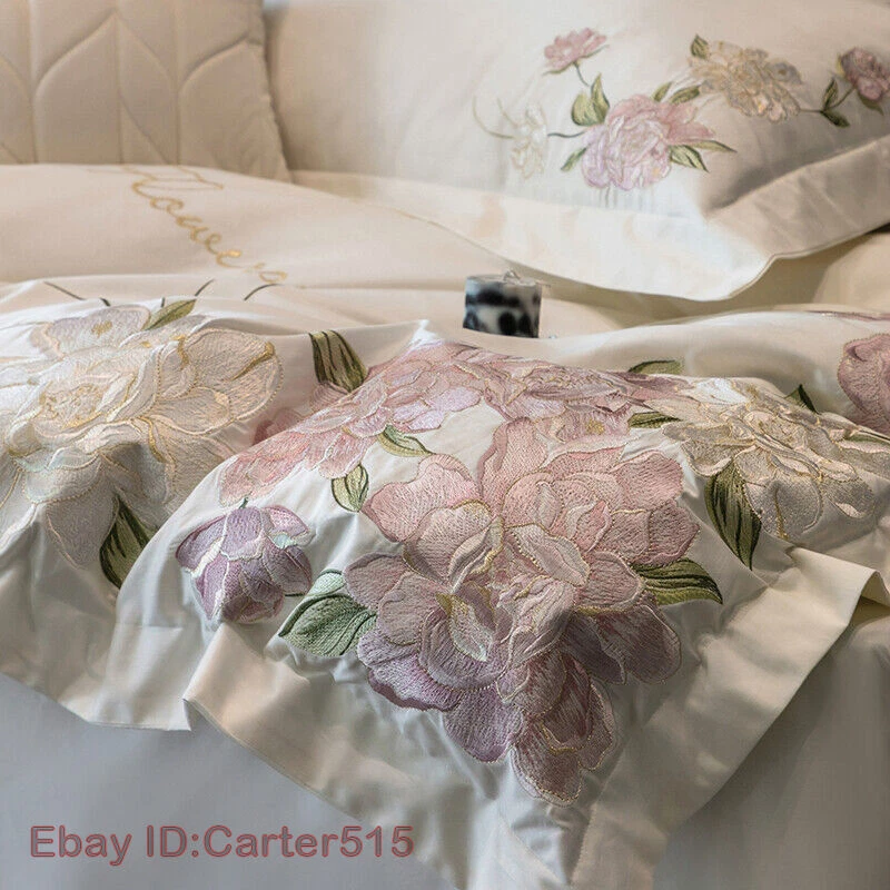 4pcs/lot Bedding Set Silk Cotton Embroidery Flowers Duvet Cover Flat Sheet Set - Image 2 of 4