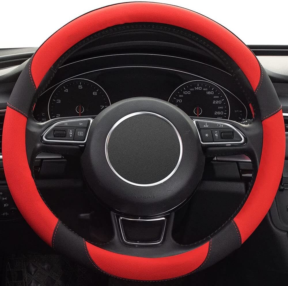 Red 14 1/2-15 inch Steering Wheel Cover Breathable Anti Slip Universal ...