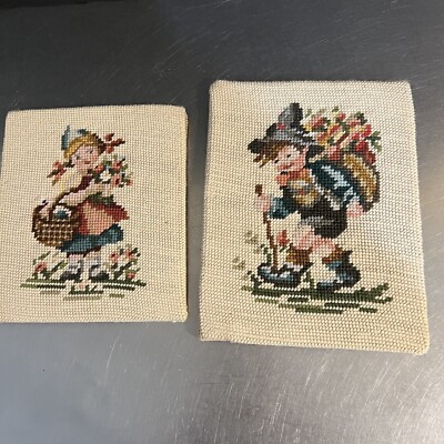 VTG Needlepoint Hummel Goebel Set 2 Boy Girl Flower Baskets Unframed Wool Canvas