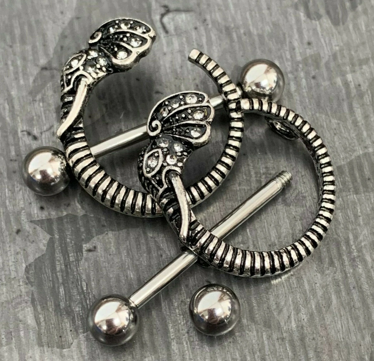 PAIR Nipple Shields Gem Elephant Design Body Jewelry Steel Barbell