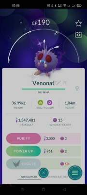 Shiny Shadow Venonat Pokemon Tr@de Go