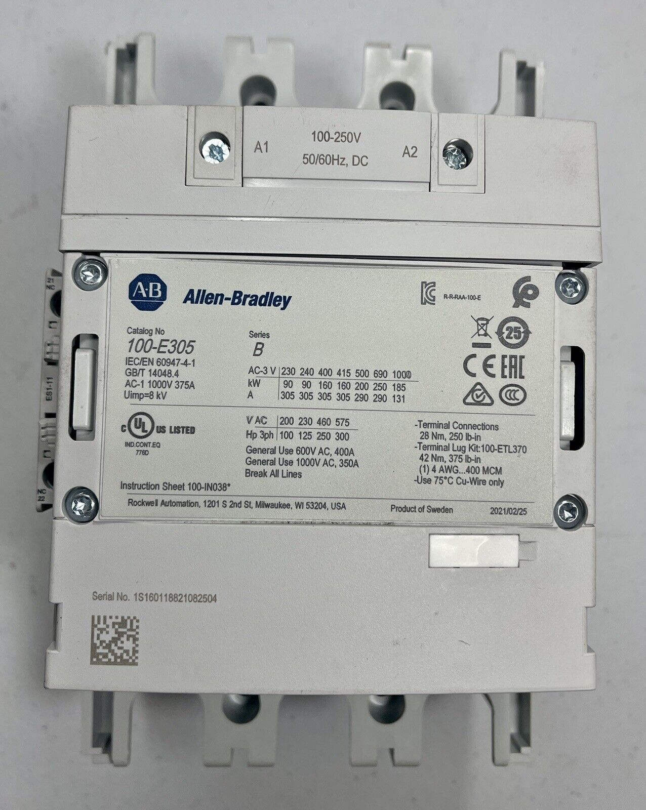 NEW ALLEN BRADLEY 100-E305 305A 100-250VAC/DC ELECTRONIC COIL IEC CONTACTOR
