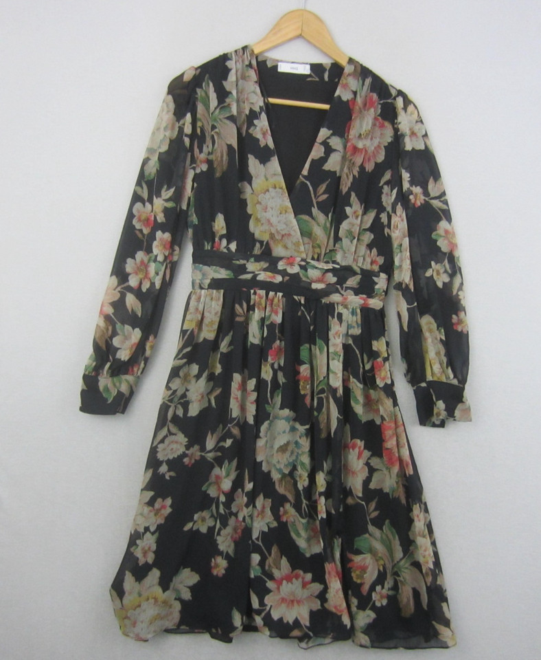 Mango MNG Dress Womens 8 Black Floral Long Sleeve Wrap Midi Occasion Party