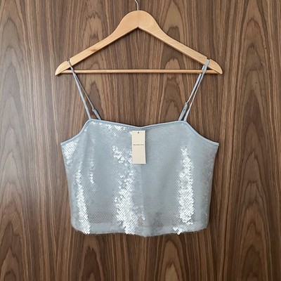 Abercrombie & Fitch Baby Blue Sequin Shimmer Square Neck Crop Cami Top S NEW