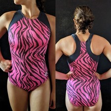 GK Elite Gymnastics Leotard Racerback Pink Charcoal Mesh Shoulders Size AS