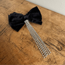 Black Shiny Velvet Hair Bow Dangling Rhinestones Evening Glam Formal Preppy
