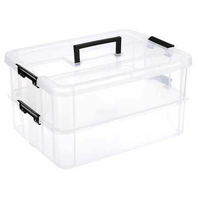 2Tier Stack Carry Storage Box Transparent Stackable Bin Handle Lid Latching