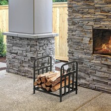 Firewood Log Rack Curved Fireplace Log Holder w/ Handles Outdoor Indoor Black