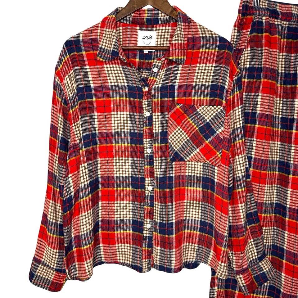 Aerie Franela Patinador Rojo Pijama a Cuadros Conjunto a Juego Dormir M Pantalón L Camisa Acogedor Foto 2 de 4