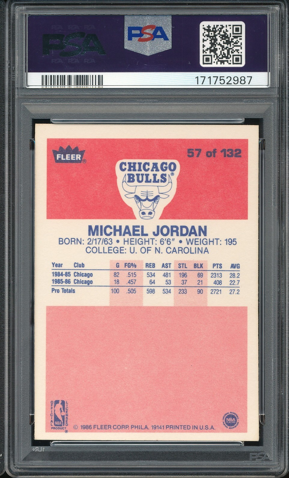 1986 Fleer Michael Jordan RC #57 PSA 5 - Bulls centered! view 2