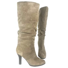 Sofft Suede Slouch Heeled Boots Size 7.5 Taupe Leather Tall High Heel Preloved