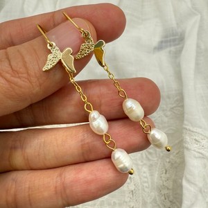 Authentic Natural Freshwater Pearl Earrings 14K Gold Plated Chain Butterfly Handmade Drop