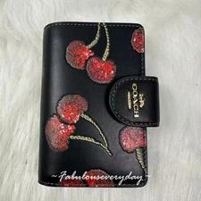 Coach Medium Corner Zip Wallet With Cherry Print Leather Gold/Black Multi CDF10