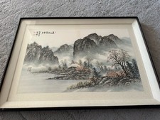 Chinese Landscape Ink Painting   Mountains  River   Framed Art 33  x27  