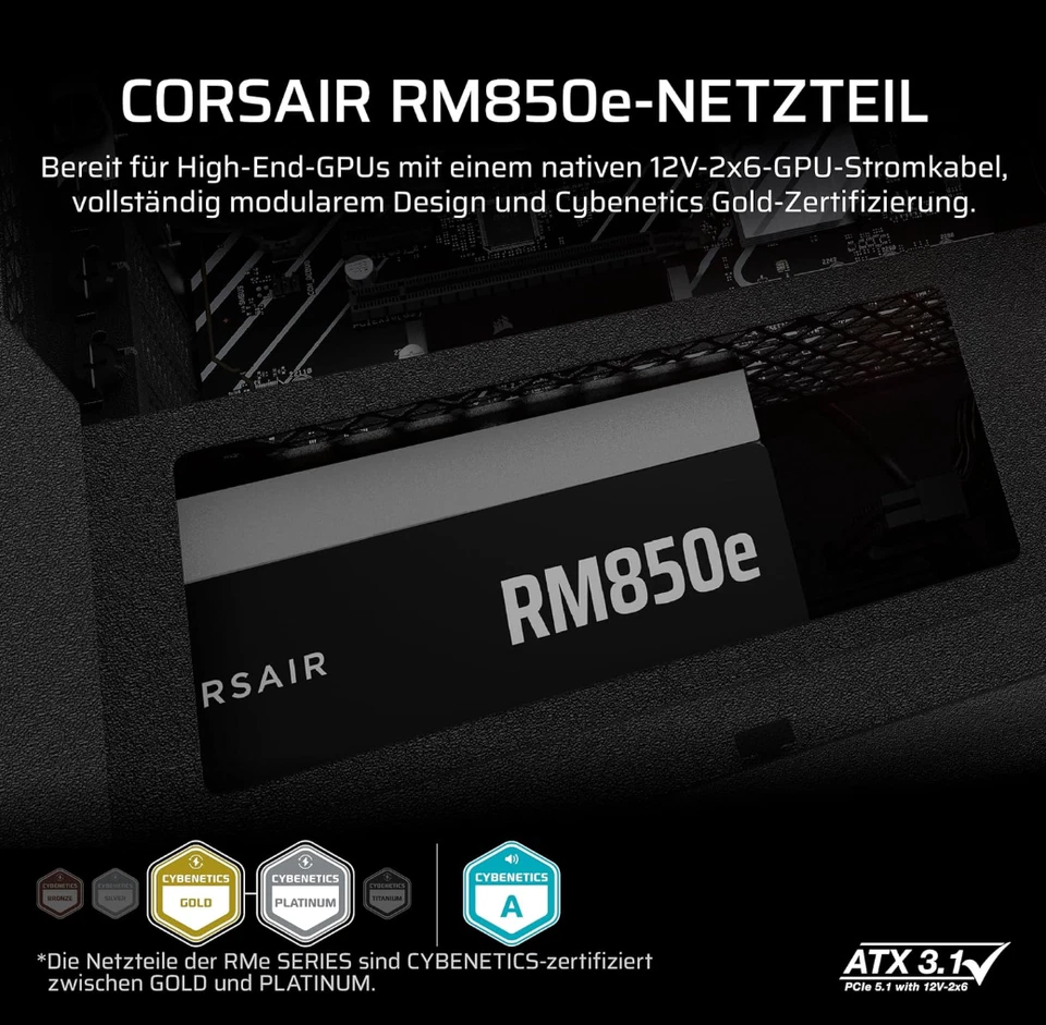 Corsair RM850e 2025 850W Netzteil Modular ATX 3.1 PCIe 5.1 12V-2x6 Gold NEU OVP - Bild 3 von 4