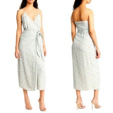 Wayf Midi Wrap Dress Womens Small Blue Ditsy Floral Feminine Romantic Coastal