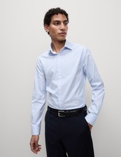 Marks & Spencer Mens Blue Cotton Slim Striped Long sleeved Shirt - M&S