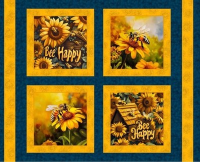 4 Bee Happy Sunflower Beehive Pillow Panels Fabric 100% Cotton