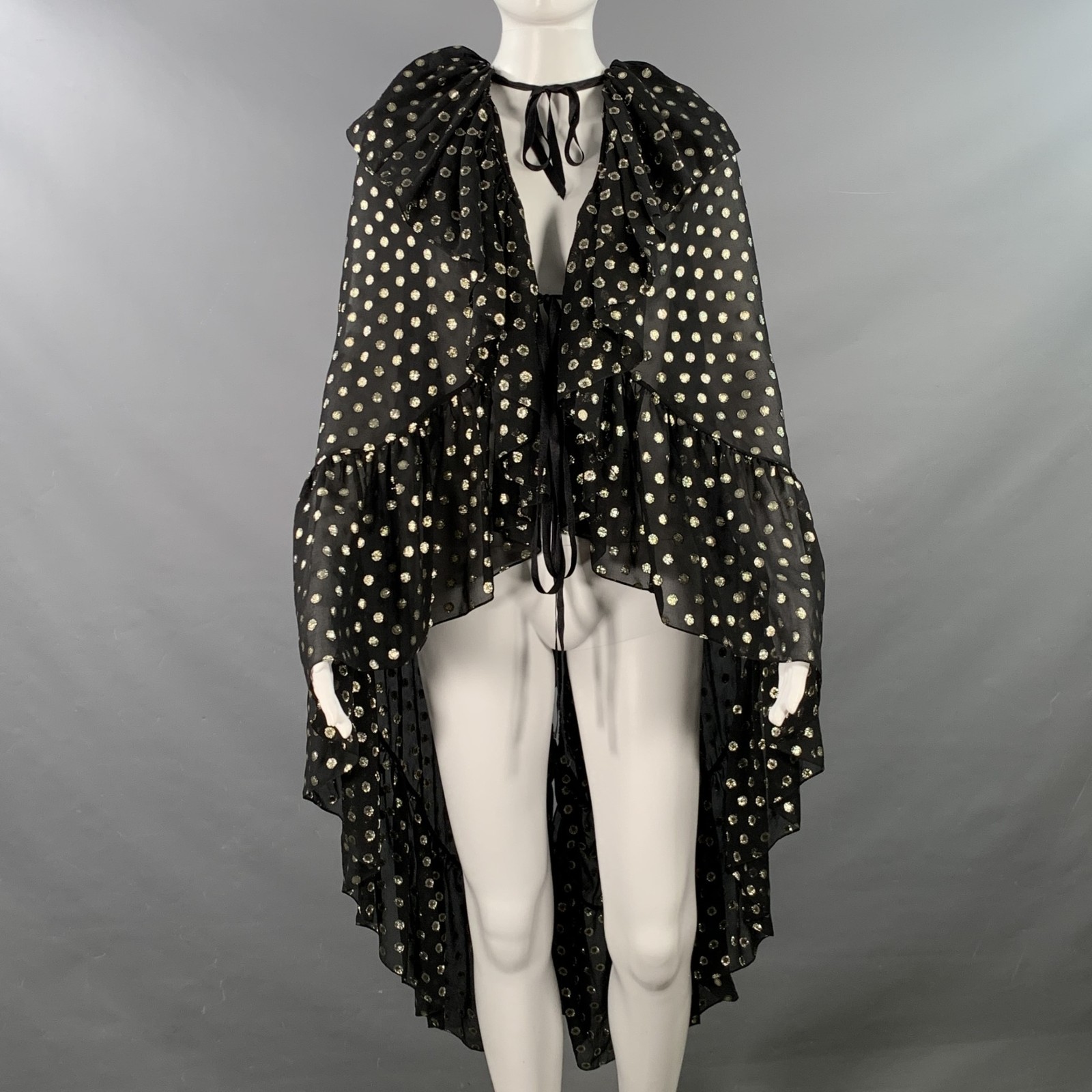Abito vestito SAINT LAURENT 2018 nero oro pois increspato metallizzato chiffon mantello top