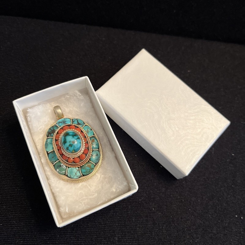 Vintage Turquoise And Coral Oval Sterling Silver Layered Pendant 1.75” Long 925