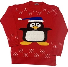 Dazzling Penguin Christmas Jumper Women's Size L Red Acrylic Crew Neck