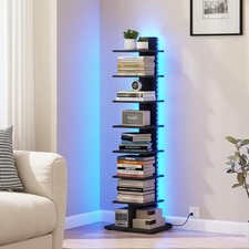 Narrow Bookshelf 8-Tier Bookcase W/ LED Lights Spine Book Shelf Small Space