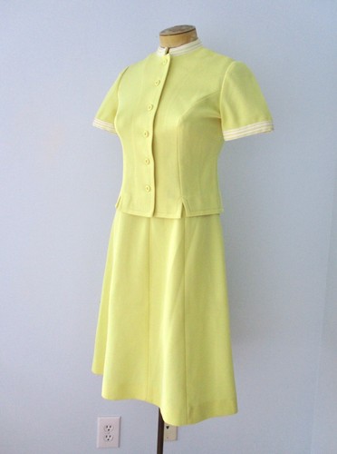 Vtg 70s Leslie Fay Yellow 2-Pc Fit Flare Ringer Dress Jacket Secretary Suit S/M - Picture 2 of 14