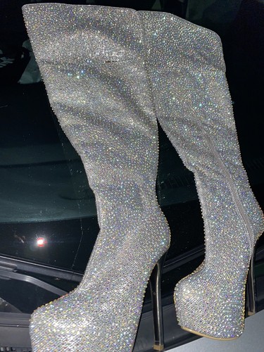 BELLA LUNA Knee High Heels Glitter Rhinestone Platform Boots 7.5M FREE SHIPPING - Picture 7 of 7
