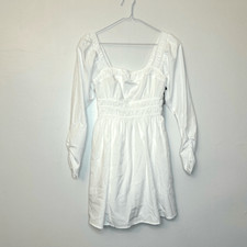 NWT ASTR The Label Cinched Waist Smocked Long Sleeve White Mini Dress Size XS
